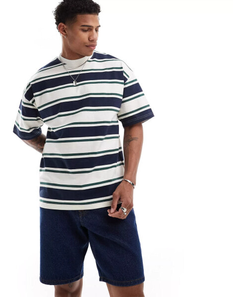 Selected Homme oversized heavy weight t-shirt in cream green navy stripe