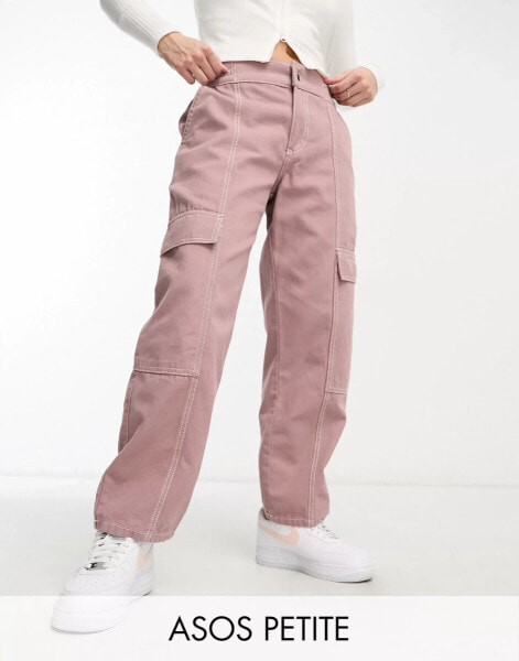 ASOS DESIGN Petite seam detail cargo trouser in mink with contrast stitch