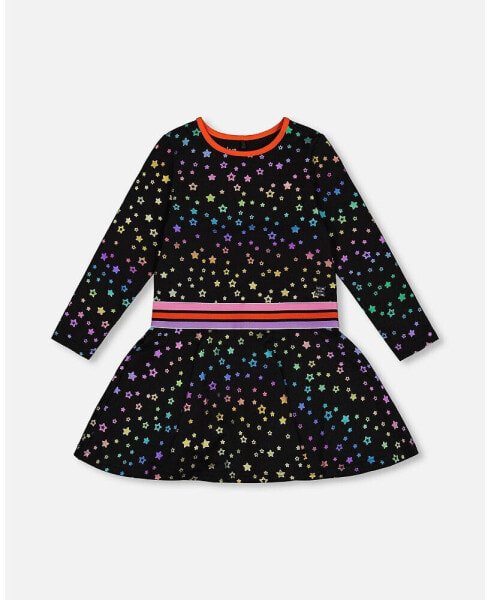 Little Girls Foil Black Printed Stars Dress - Toddler|Child