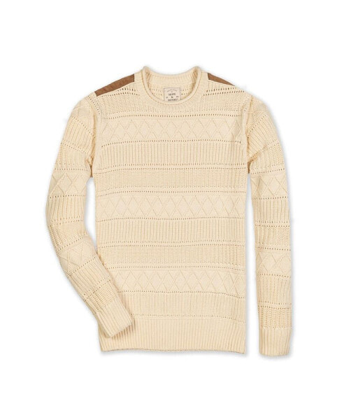 Men's Organic Crew Neck Cable Sweater with Suede Detail