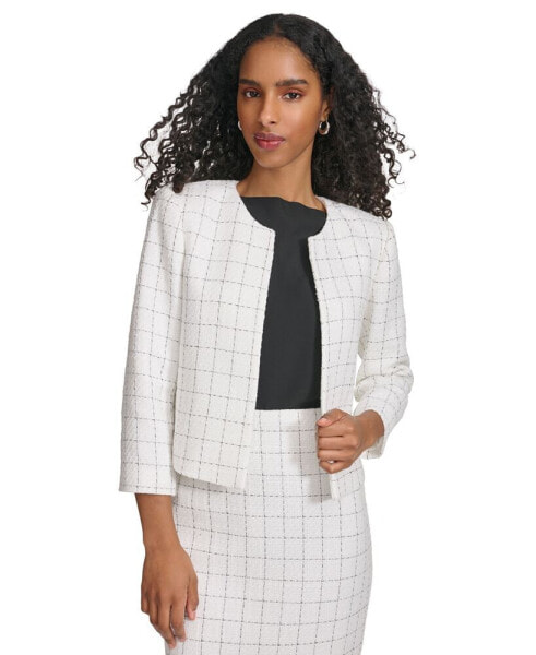 Women's Windowpane-Print 3/4-Sleeve Jacket