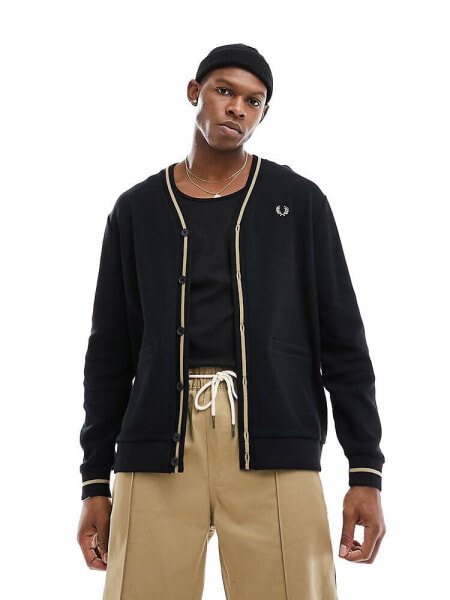 Fred Perry tipped pique texture cardigan in black 