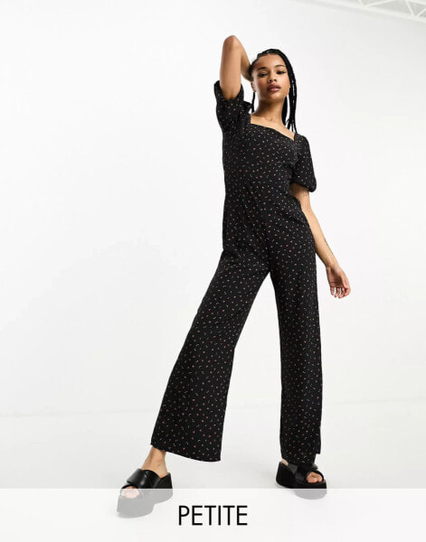 Glamorous Petite milkmaid wide leg jumpsuit with tie back in black cherry