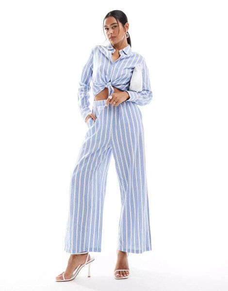 Mango stripe tie front jumpsuit in light blue