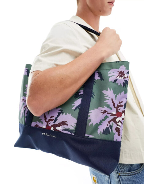 Paul Smith tote bag with floral print in navy green purple