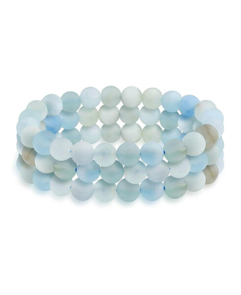 Set Of 3 Matte Light Blue Agate Translucent Gemstone Round Bead Ball 8MM Stacking Stretch Bracelet For Women Men Teen Unisex