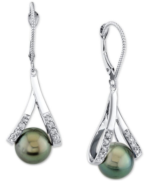 Cultured Tahitian Pearl (8-1/2mm) & Diamond (1/5 ct. t.w.) Leverback Drop Earrings in 14k White Gold