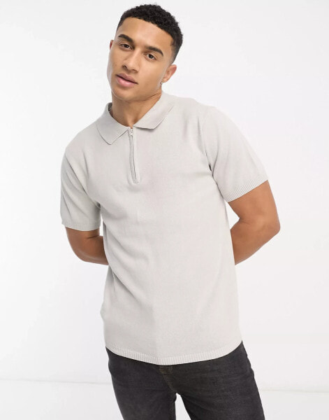 Another Influence knitted zip polo in light grey