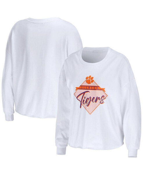 Women's White Clemson Tigers Diamond Long Sleeve Cropped T-shirt