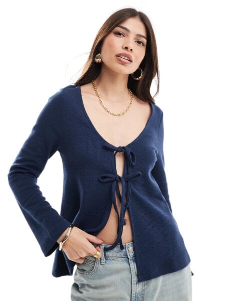 ASOS DESIGN tie front cardigan in navy