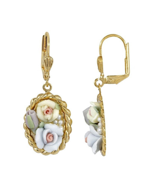 Women's Gold Tone Blue and Ivory Porcelain Flower Drop Earrings