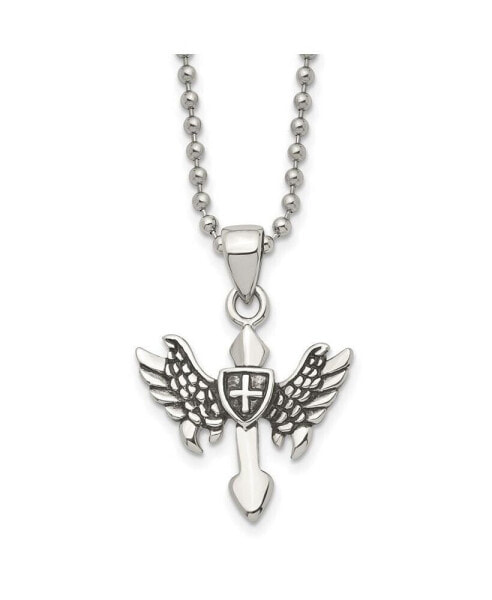 Antiqued Cross with Wings Pendant Ball Chain Necklace