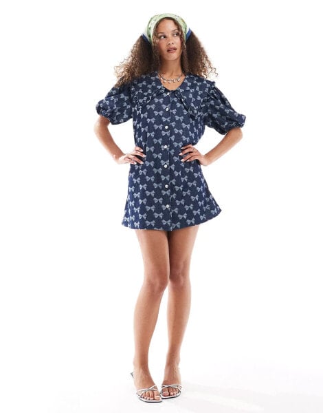 Sister Jane bow embroidered mini dress in denim co-ord