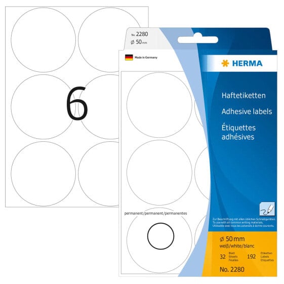 HERMA Multi-purpose labels/colour dots Ø 50 mm round white paper matt hand inscription 192 pcs. - White - Circle - Cellulose - Paper - Germany - 50 mm - 50 mm