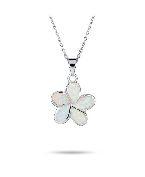 White Synthetic Opal Hawaiian Flower Plumeria Necklace Pendant For Women Sterling Silver