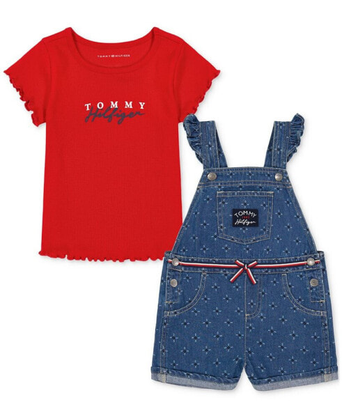 Toddler Girls Ribbed Logo T-Shirt & Printed Denim Shortall, 2 Piece Set