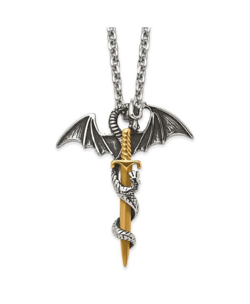 Chisel antiqued Yellow IP-plated Dragon on Sword Cable Chain Necklace