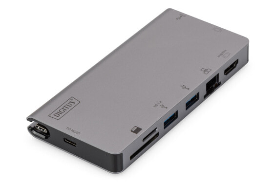 DIGITUS USB Type-C™ Multiport Travel Dock, 8 Port, Wired, USB 3.2 Gen 1 (3.1 Gen 1) Type-C, 100 W, 10,100,1000 Mbit/s, Grey, MMC, MicroSD (TransFlash), MicroSDHC, MicroSDXC