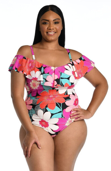 La Blanca Off Shoulder Ruffle One Piece Swimsuit, Multi in Full Bloom, 8