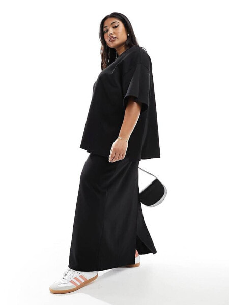 ASOS EDITION Curve premium heavy weight textured jersey column maxi skirt in black