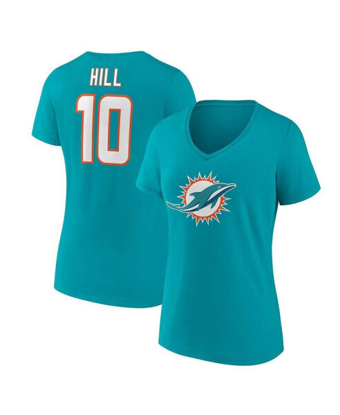 Women's Tyreek Hill Aqua Miami Dolphins Player Icon Name and Number V-Neck T-shirt