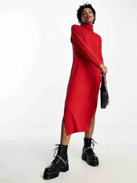 Brave Soul high neck slouchy midaxi knitted dress in red