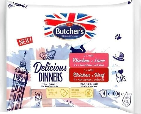 TRITON BUTCHER'S Delicious Dinners Kurczak z Wątróbką, Kurczak z Wołowiną - mokra karma dla kota - 4 x 100 g