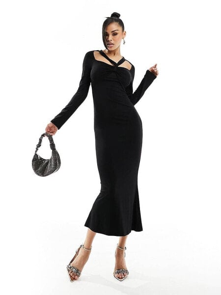 ASOS DESIGN long sleeve square neck midi dress with knot front in black