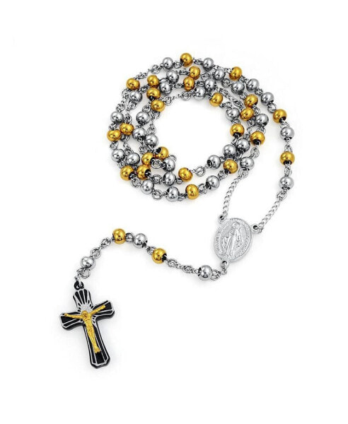 Religious Christian Two Tone Holy Mother Virgin Mary Rosary Prayer Round Ball Beaded Link Chain For Men Jesus Crucifix Gold Plated Stainless Steel