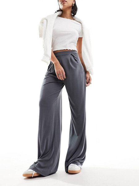 ASOS DESIGN jersey cupro wide leg trouser in charcoal