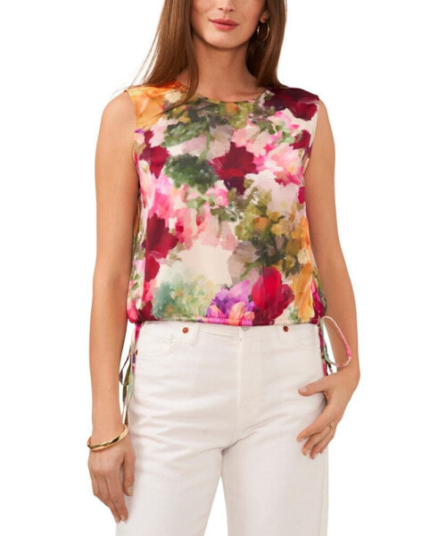 Women's Floral Print Drawstring-Hem Sleeveless Top