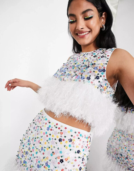 ASOS EDITION ditsy floral sequin crop top with faux feather hem