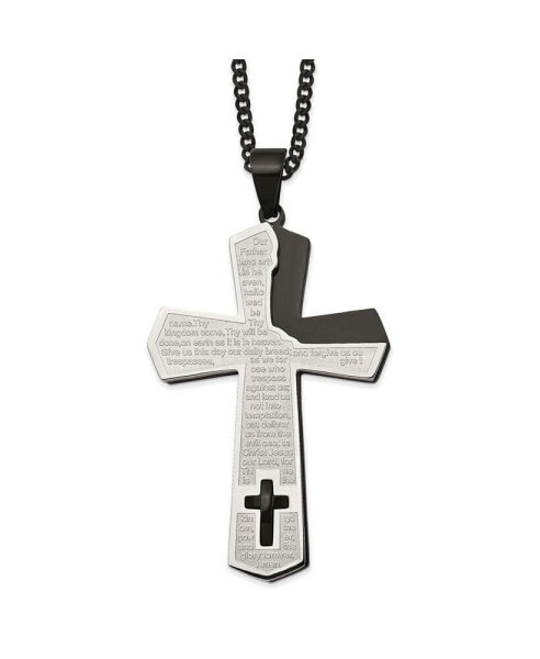 Black IP-plated Lord's Prayer Cross Pendant Curb Chain Necklace