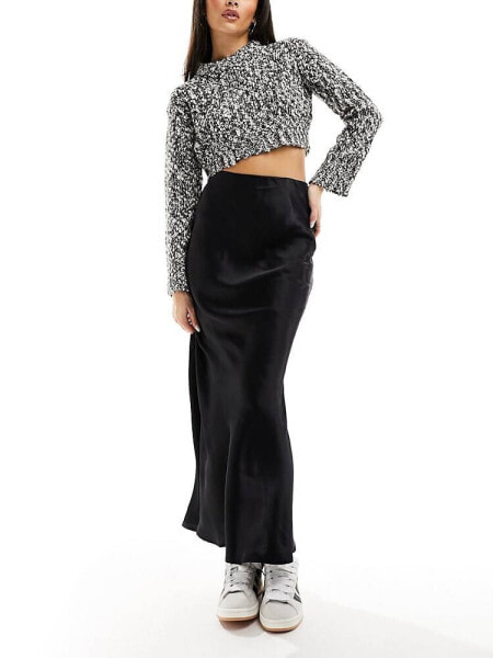 Stradivarius satin bias midi skirt in black 