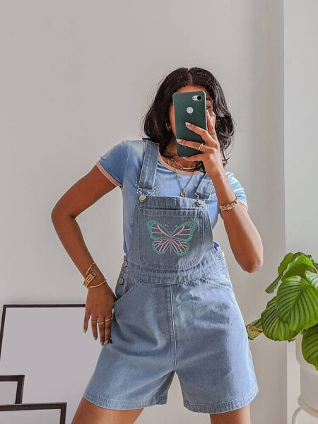 Labelrail x Pose and Repeat vintage fit short dungarees with butterfly embroidery in blue