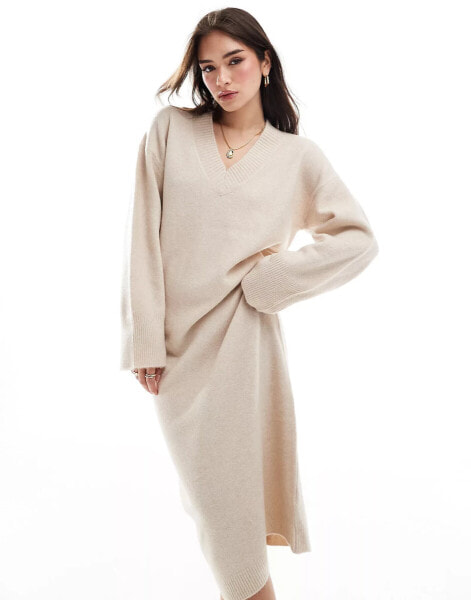 ASOS DESIGN knitted v neck midaxi dress in oatmeal