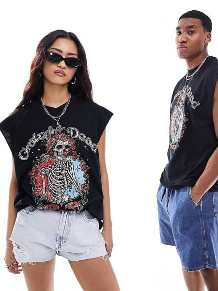 ASOS DESIGN unisex oversized license vest in black with Grateful Dead print