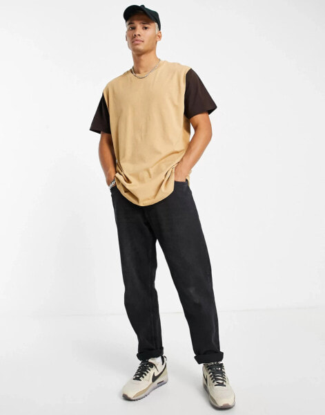 Brave Soul oversized colour block t-shirt in light brown