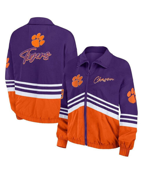 Women's Purple Distressed Clemson Tigers Vintage-Like Throwback Windbreaker Full-Zip Jacket