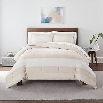 3pc Full/Queen Billy Textured Stripe Antimicrobial Comforter Set Natural - Serta
