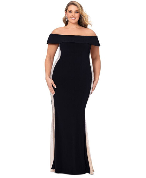 Plus Size Off-The-Shoulder Beaded Mesh Panel Dress