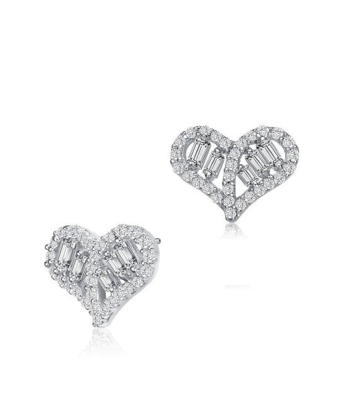 Sterling Silver with Rhodium Plated Clear Baguette and Round Cubic Zirconia Heart Stud Earrings
