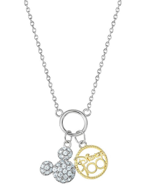 Cubic Zirconia Mickey Mouse & Disney 100 Pendant Necklace 18" in Sterling Silver & 18k Gold-Plate