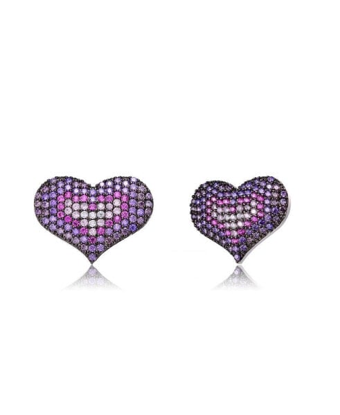 Sterling Silver Teens with Black Plated Multi Colored Round Cubic Zirconia Heart Stud Earrings