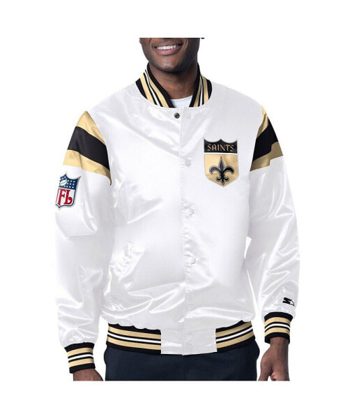 Men's White, Black Distressed New Orleans Saints Vintage-Like Satin Full-Snap Varsity Jacket