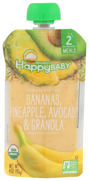Детское пюре Happy Baby бананы, ананас, авокадо и мюсли, от 2 до 6 месяцев
