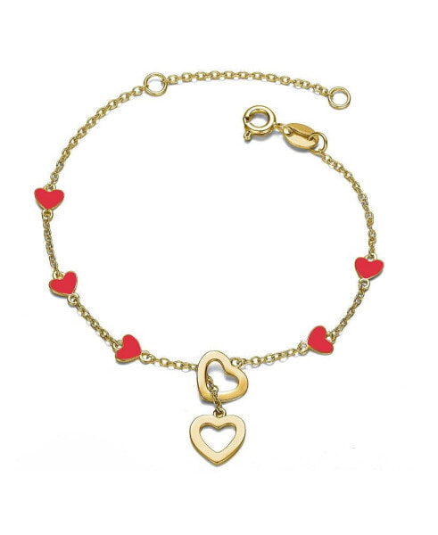 14K Gold Plated Double Halo Dangle & Red Heart Enamel Station Charm Bracelet, Adjustable