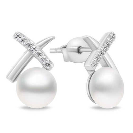 Sparkling silver earrings with pearls EA906W