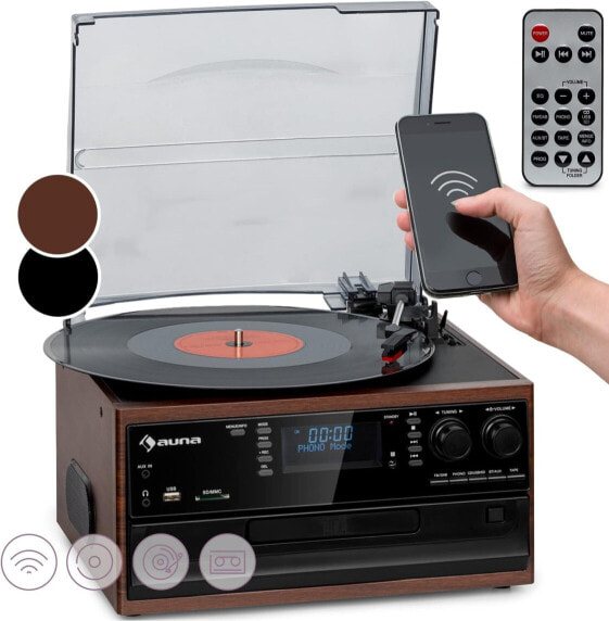 Auna Record Player for Records, Turntable with Speaker, CD Player, USB & DAB Radio, Record Player in Retro Design, Modern Record Vinyl Player, Turntable with Bluetooth