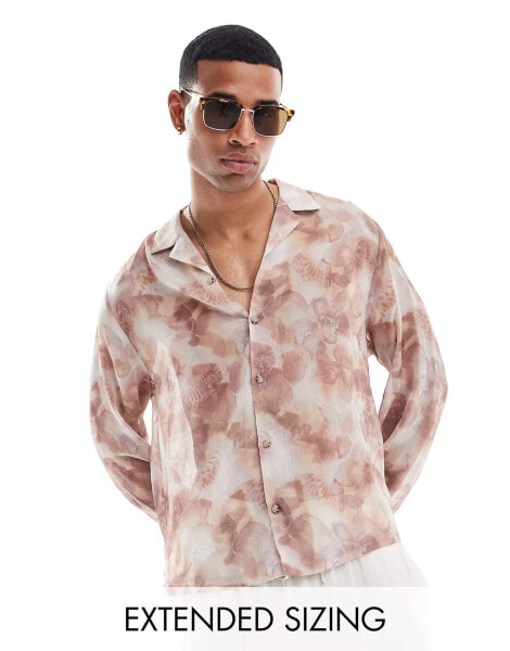 ASOS DESIGN boxy relaxed revere shirt with photographic floral print in neutral